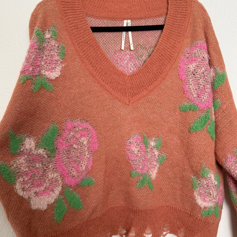 Anthropologie Drop Shoulder Floral Rose V-Neck Sweater - Picture 7 of 14